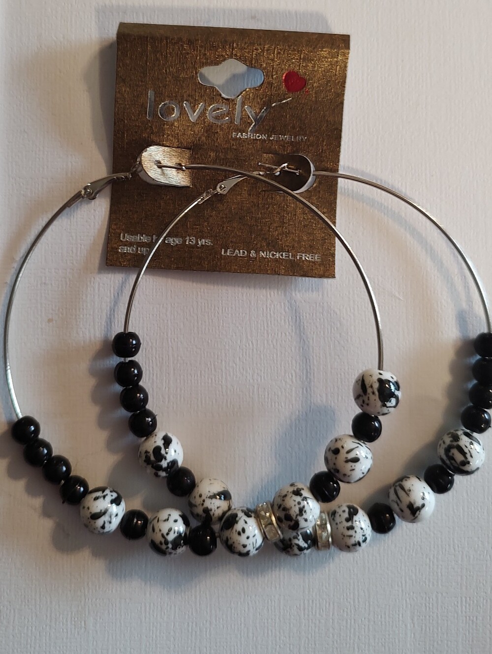 Lovely Black & White Beaded Hoop Earrings by Lovely